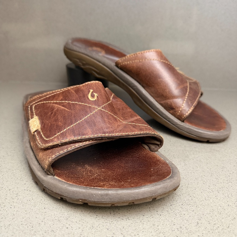 OluKai Kumu Slide Sandals Mens 10 Brown Leather Adjustable Strap